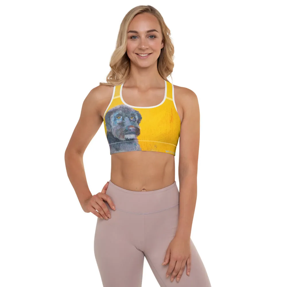Bright Yellow Padded Sports Bra with "Doodle Dog"