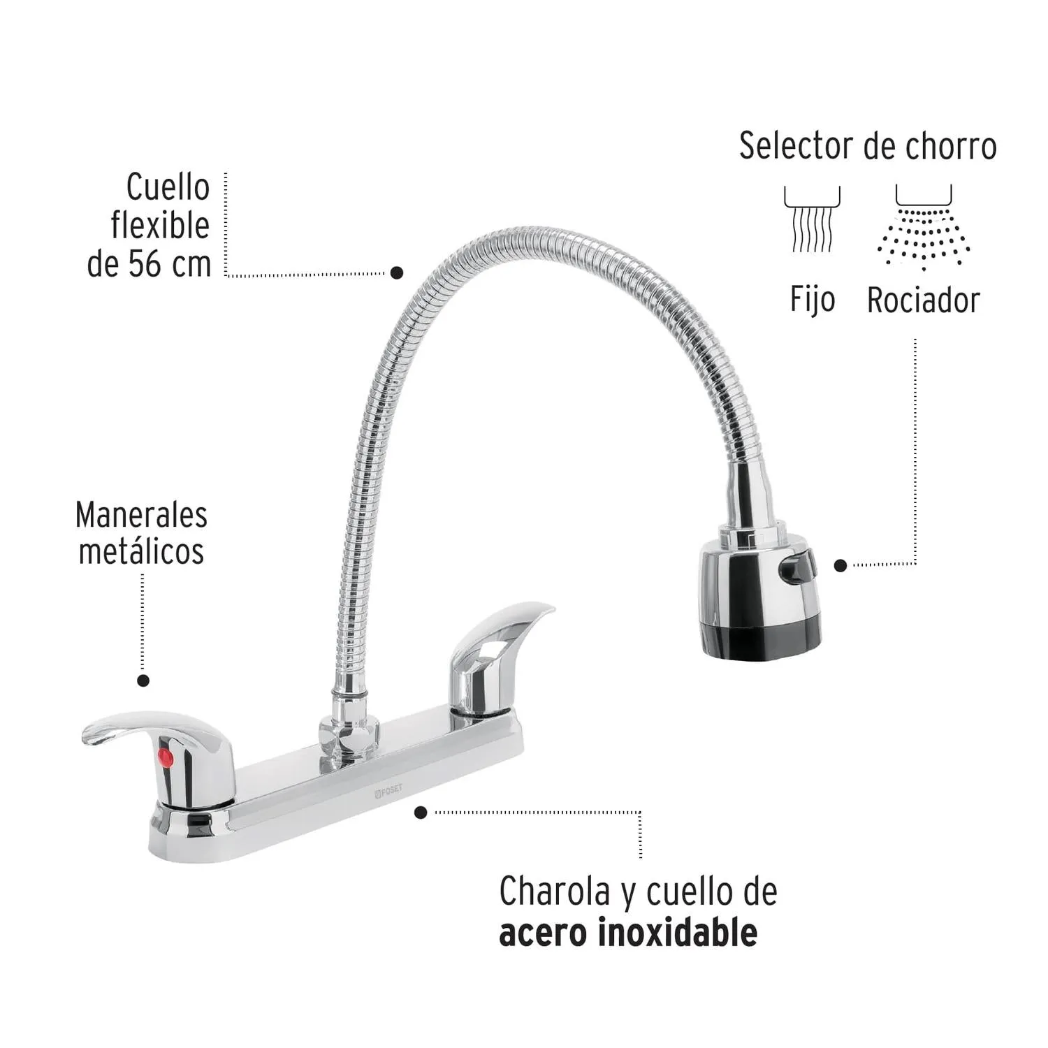 Mezcladora inox 8' p/fregadero, flexible, palanca, Foset 49820