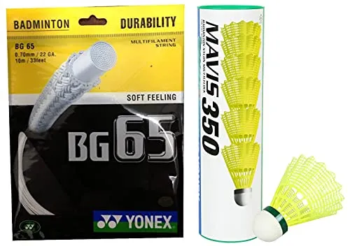 Yonex BG 65 Nylon Badminton String, Senior 0.70mm (White) Yonex Mavis 350 Green Cap Nylon Shuttlecock (Yellow)